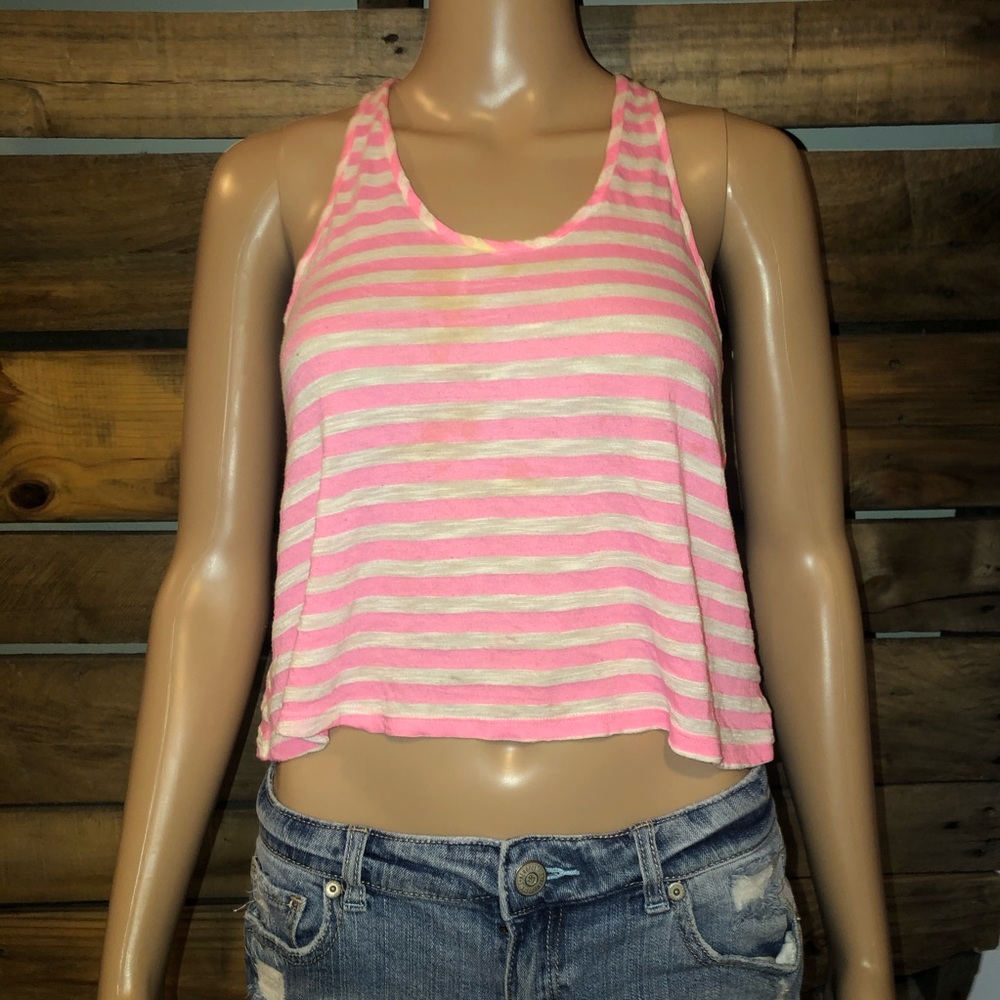 Express white & pink striped tank top with gathered back